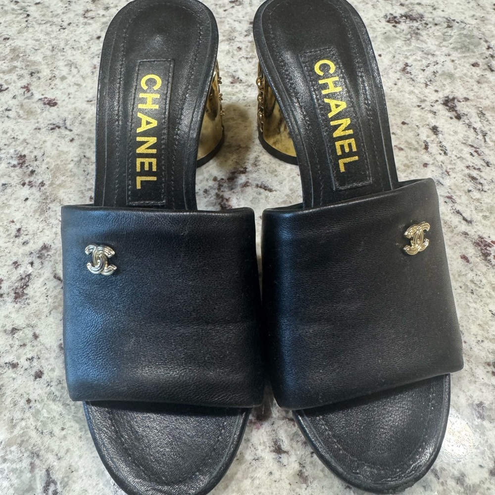 CHANEL Black Leather Slide Mules with Gold CC Logos